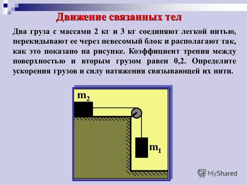 Нижний конец легкой. Движение связанных тел. Движение связанных тел через блок. Движение тела в поле тяжести. Задачи на движение связанных тел.