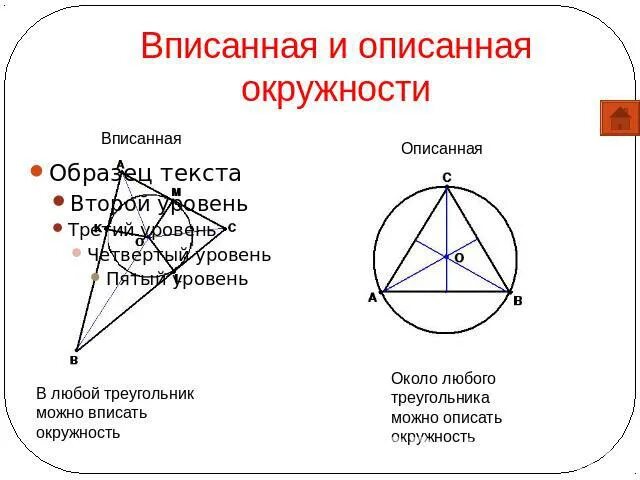 В любой треугольник можно вписать окружность. Около любого треугольника можно описать окружность. Вокруг любого треугольника можно описать окружность. Около любого треугольника можно описать и вписать окружность. В любой ли треугольник можно вписать окружность