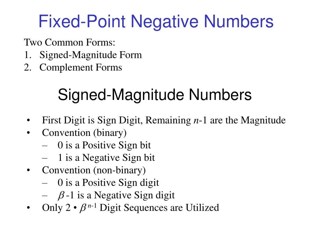 Common form. Fixed point. Fixed point Arithmetic. Signed magnitude form. Negative point.