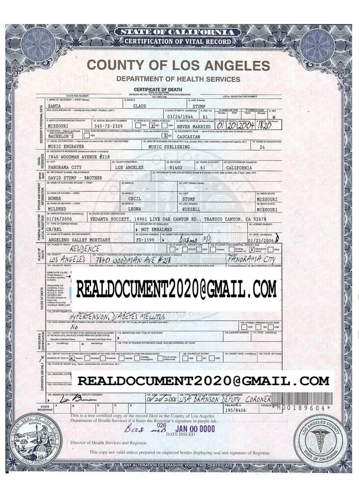 Death Certificate USA. Certificate of Death California. Fake Death Certificate.