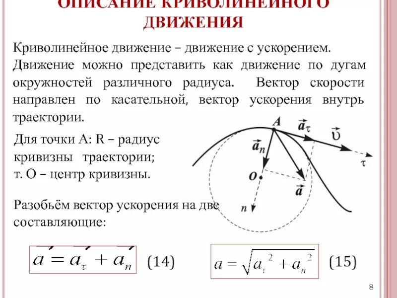 Радиус движения. Движение материальной точки по криволинейной траектории. Криволинейное движение материальной точки формула. Движение по криволинейной траектории формулы. Вектор полного ускорения точки формула.