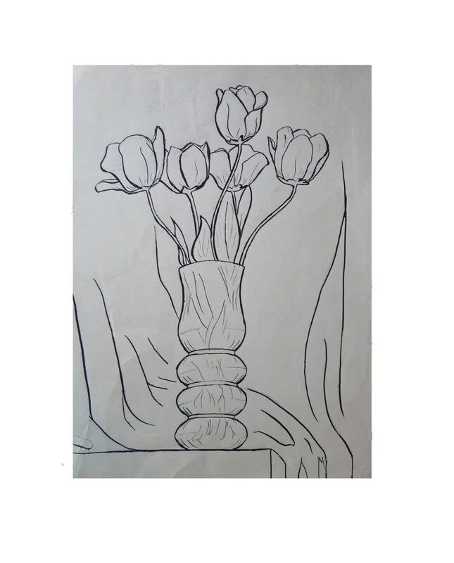 Ваза с тюльпанами рисунок. Тюльпаны в вазе карандашом. Тюльпаны в вазе поэтапное рисование. Тюльпаны в вазе рисунок.