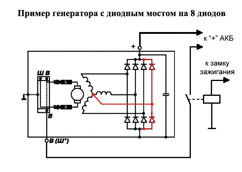 Сколько может работать генератор без перерыва. Схема диодного моста автомобильного генератора. схема диодного моста из 8 диодов генератора. диодный мост генератора автомобиля схема подключения. диодный мост автогенератора схема.