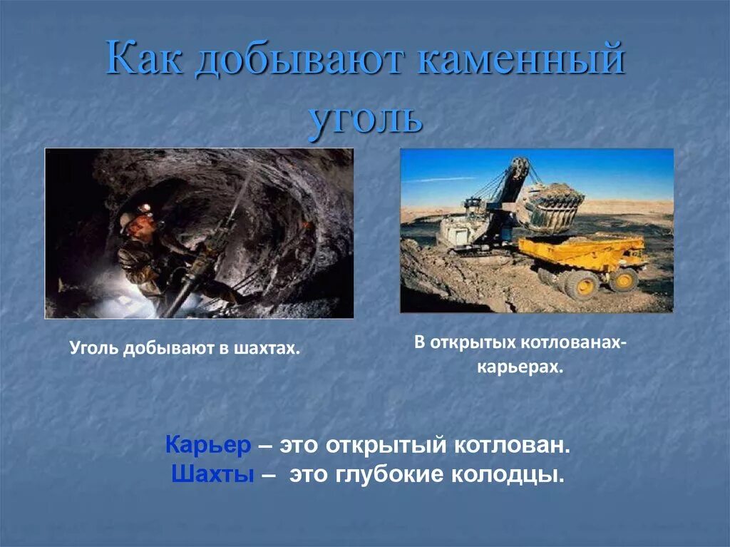 Какие полезные ископаемые добывают открытым способом. Место добычи каменного угля 4 класс. где добывают каменный уголь. как добывают каменный уголь. способы добычи каменного угля.