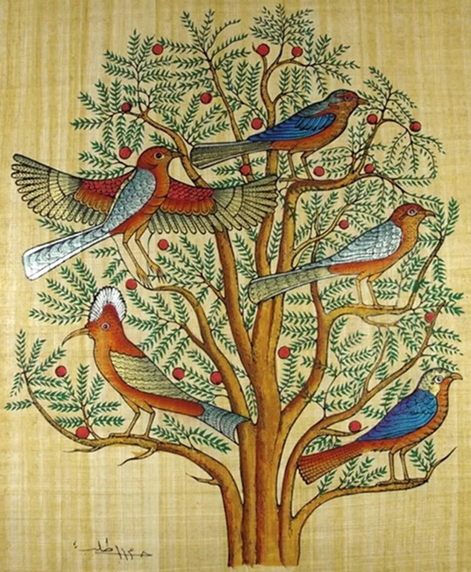 Древо жизни Египет на папирусе. Kalamkari Painting Tree of Life. Древо жизни в древнем Египте. Птичка на дереве.
