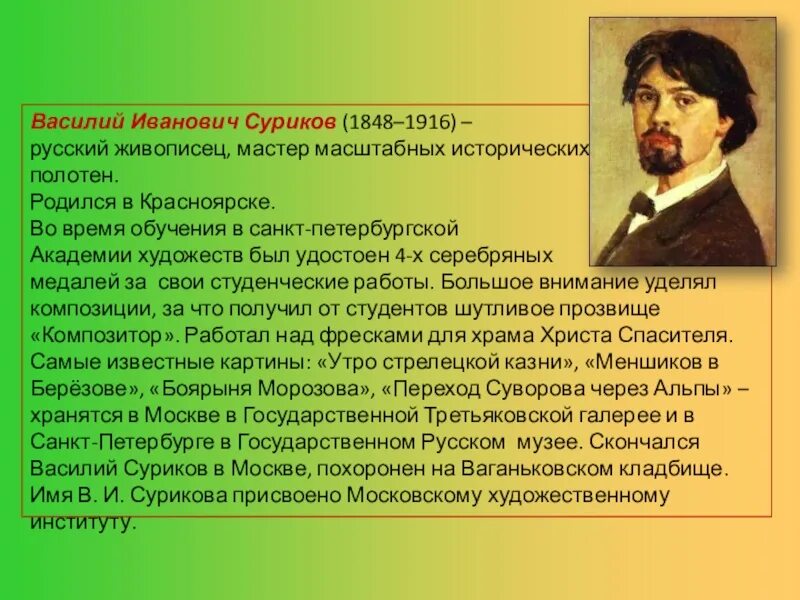 Василия Ивановича Сурикова (1848–1916). Рассказ о Сурикове.