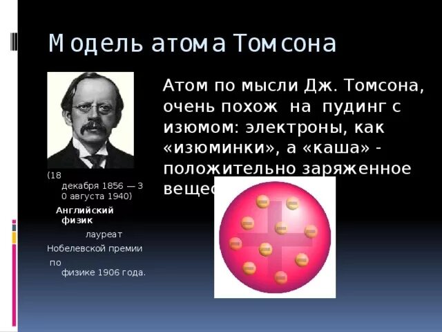 Модель атома Томсона. Томсон получил Нобелевскую.