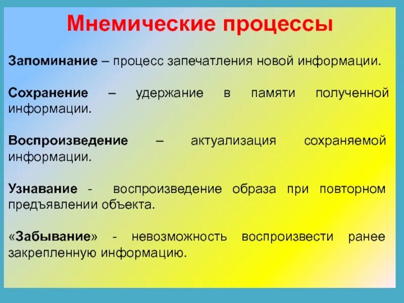 Запоминания сохранения воспроизведение забывания. Мнемические процессы. Процессы памяти запоминание. Мнемические процессы памяти. Мнемические процессы в психологии кратко.