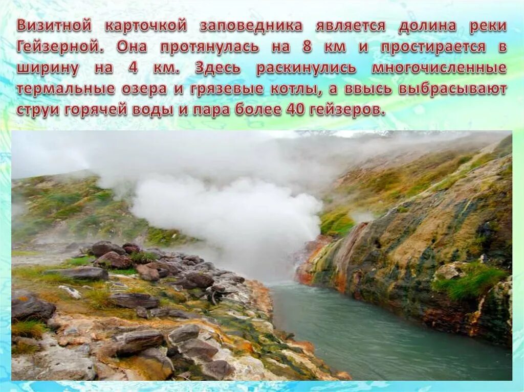 В какой стране не встречаются гейзерные. Визитная карточка заповедника. Презентация на тему заповедники России. Визитная карточка заказника. Самый горячий заповедник в России.