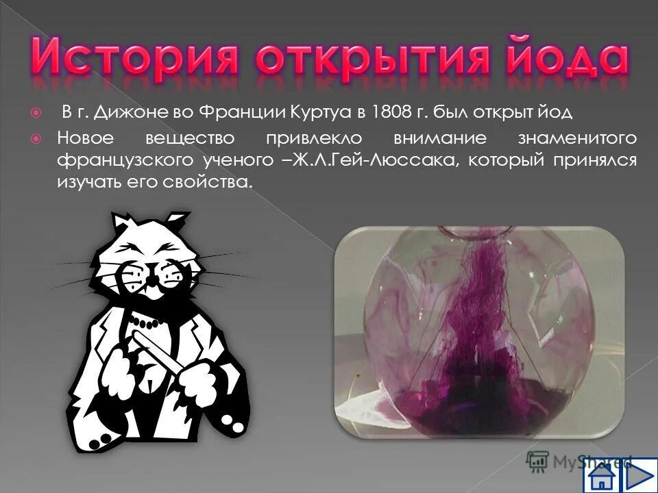 интересная презентация про йод. какое домашнее животное помогло открыть йод. кот в лаборатории. какое домашнее животное помогло открыть йод. какое домашнее животное помогло открыть йод.