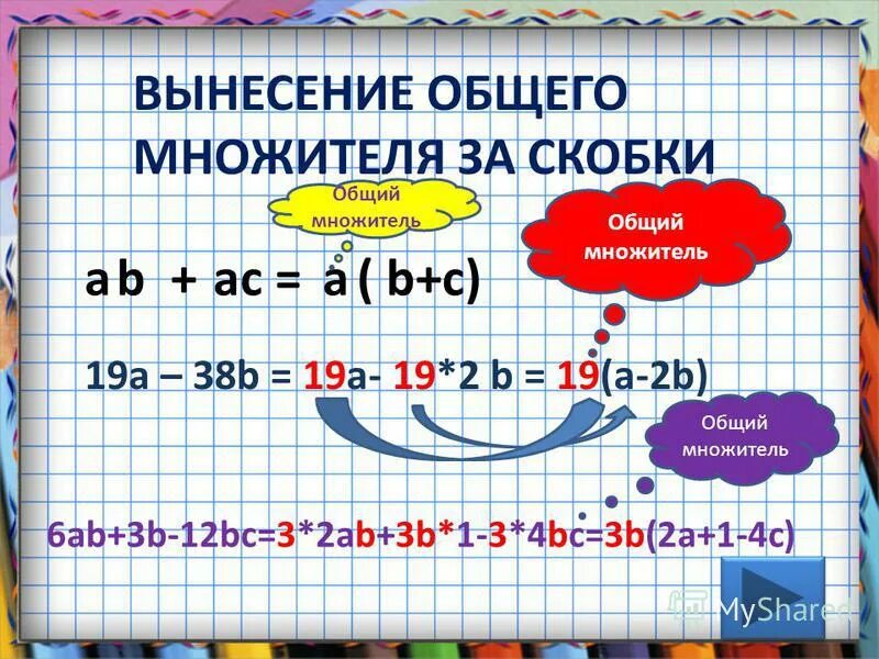 вынесите общий множитель за скобки 7 класс. алгебра 7 класс вынесение за скобки. вынесите за скобки общий множитель 7 класс алгебра. вынесение общего множителя примеры. алгебра 7 класс вынесение общего множителя за скобки.