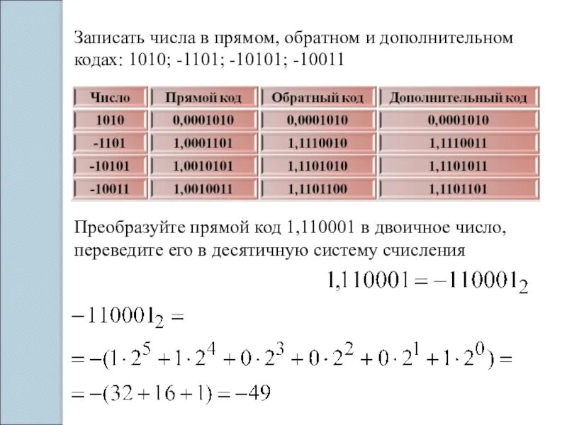 Перевести число в дополнительный код. Прямой код в двоичной системе счисления. Дополнительный и обратный код числа. Записать число в прямом обратном и дополнительном кодах. Преобразование в дополнительный код.