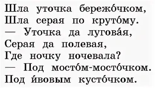 Шла уточка БЕРЕЖОЧКОМ. Шла уточка БЕРЕЖОЧКОМ шла серая по крутому. Списать слова того кто обращается к уточки речью. Шла уточка бережком потешка.