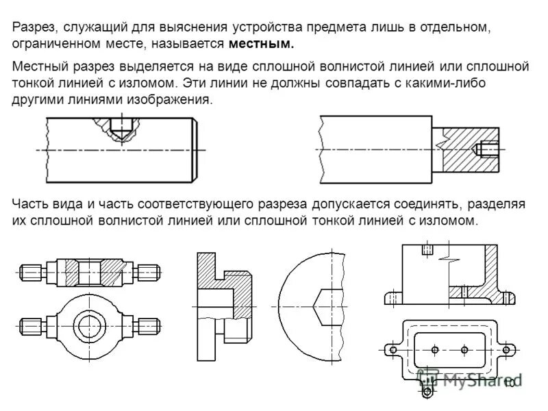 Виды местных разрезов. ГОСТ 2.305 местный разрез. Разрез по ГОСТУ чертеж. ГОСТ 2.305 местный вид. ГОСТ 2.305-68 разрезы.