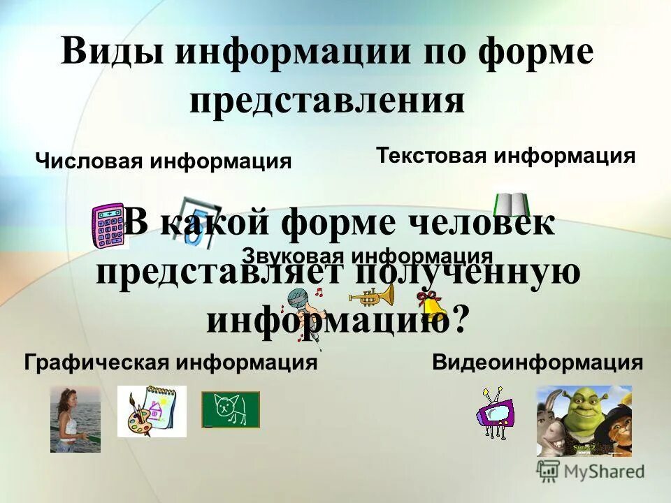 Урок информация и данные. Виды информации по форме представления. типы подачи информации. способы представления информации на уроке. текстовая информация графическая информация звуковая информация.