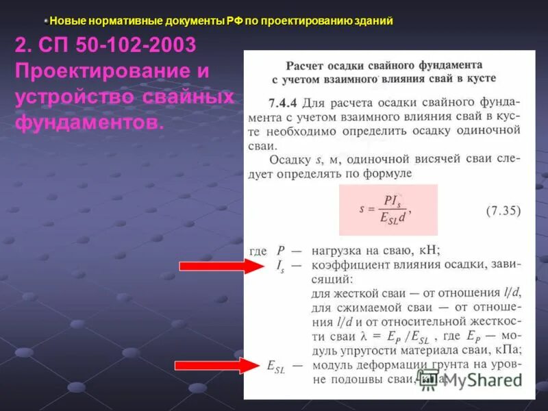 Сп 50 102. Модуль деформации материала свай. Модуль упругости материала сваи железобетонные. Вычисление жесткости сваи. Взаимное влияние свай в SCAD.