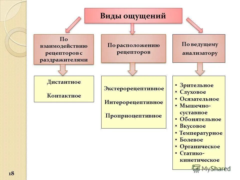 Привести пример ощущения. Виды ощущений по расположению рецепторов в психологии. Классификация видов ощущения по анализатору. Схема виды ощущений психология. Классификация ощущений и рецепторов в психологии.