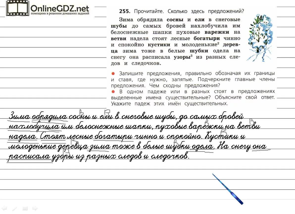 Прочитайте сколько здесь предложений. Обрядила зима. Зима обрядила сосны и ели в снеговые шубы. Сколько здесь предложений.