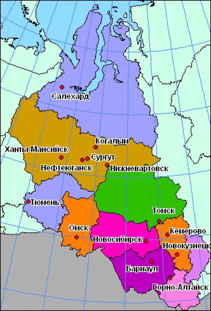 Северо восток на западе граничит с. Западная Сибирь на карте. Карта Западной Сибири с городами. Западная Сибирь на карте границы. Западная Сибирь административная карта.