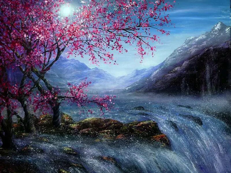 Красивые картины. Художница Ann Marie Bone. Сакура пейзаж. Пейзаж с сакурой живопись. Сакура в горах картина.