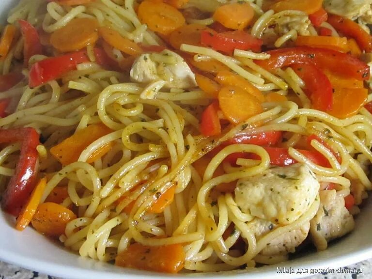 Жареные спагетти на сковороде. Макароны с мясом. Макароны с курочкой. Спагетти с курицей на сковороде. Макароны с филе.