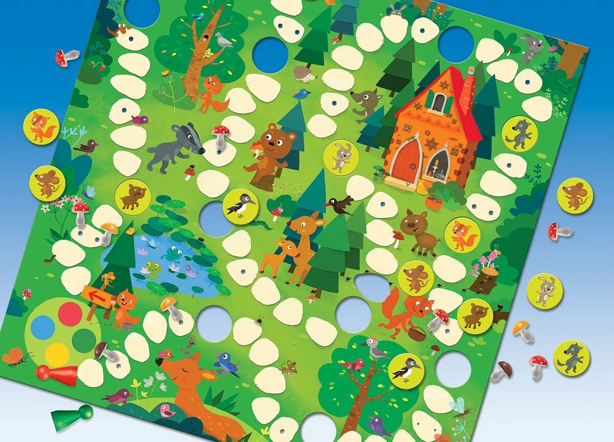 настольная игра за грибами в заколдованный лес. игровое поле для детей. игровое поле для детей. покажи картинку как выглядит игра. игра с кубиком и фишками.