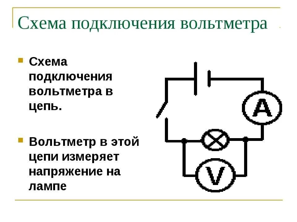 Приборы в схеме соединения. Принципиальная схема подключения лампочки амперметра и вольтметра. Схема включения амперметра и вольтметра в Эл. Цепи. Вольтметр схема подключения в электрической цепи. Схема вольтметра измеряющего напряжения на электрической лампе.