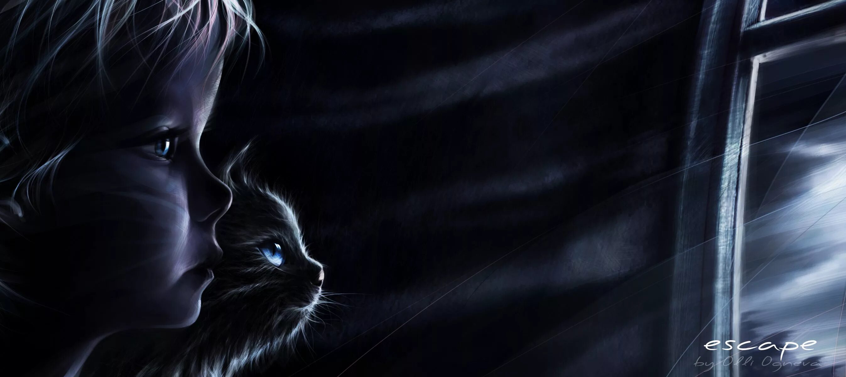 Мистические кошки. Ночной кот. Завораживающие картинки на рабочий стол. Девушка и кот в темноте. Тайны черной кошки