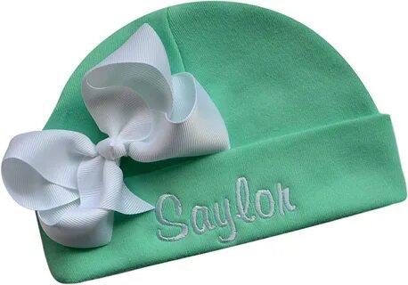 Personalized Embroidered Baby Girl Hat with Grosgrain Bow with Custom Name.