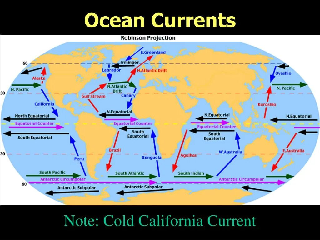 Морские течения. Ocean currents. Течение Агульяс. Карта морских течений.