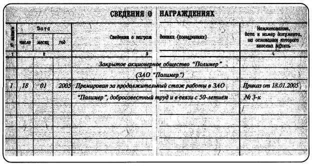 Внесение сведений о награждении в трудовую книжку. Сведения о награждениях в трудовой книжке. Пример записи в трудовую книжку о поощрении. Сведения о наградах в трудовой книжке образец.