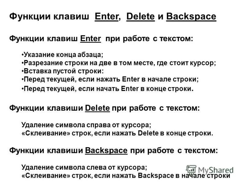 Общие функции клавиш delete и backspace