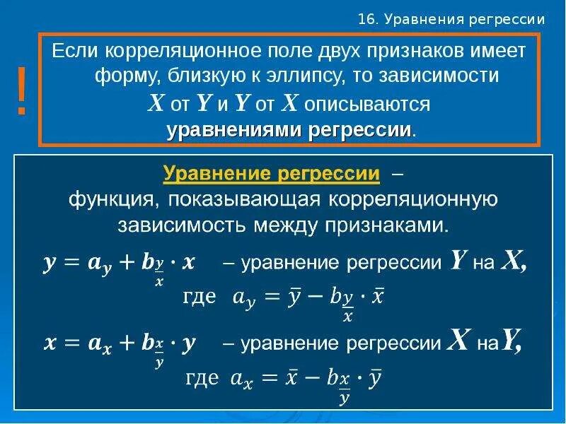 Полная регрессия. Уравнение зависимости регрессии. Корреляционное уравнение регрессии. Элементы корреляционного анализа. Уравнение линейной регрессии двух признаков.