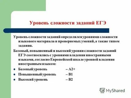 Уровни сложности заданий в экзамене