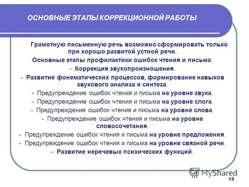 этапы коррекционной работы