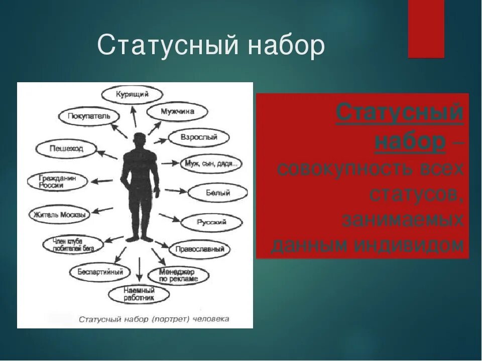 Примеры общего статуса. Статусный набор. Социальные роли человека. Свой статусный набор. Социальный статус и статусный набор.