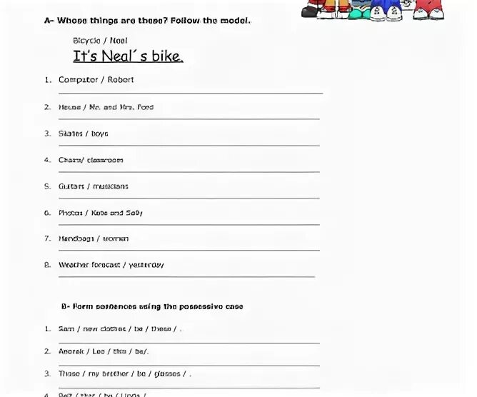 Write the sentences using the possessive case. Possessive case exercises for elementary students. worksheets possessive case for children. possessive case worksheets elementary. possessive case exercises elementary.