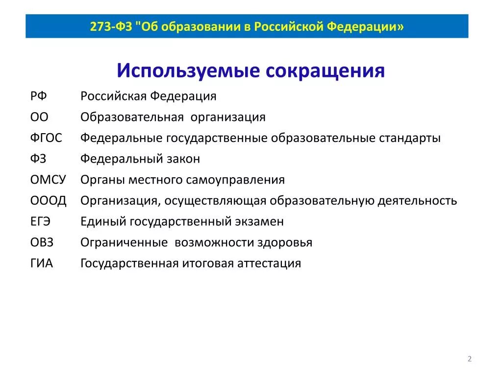 Федеральный закон сокращение. Федеральный закон об образовании в Российской Федерации. Аббревиатура РФ В законодательстве. Сокращенно ФЗ об образовании. Аббревиатуры организаций россии