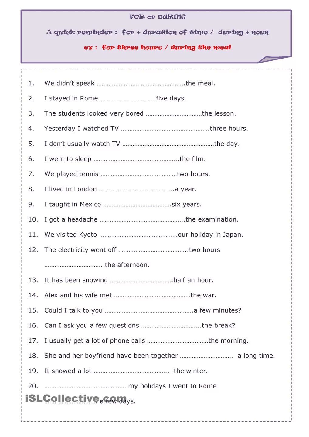 Since during. Упражнения на предлоги for during while. During for упражнения. Упражнения на while during. Prepositions during and while упражнения.