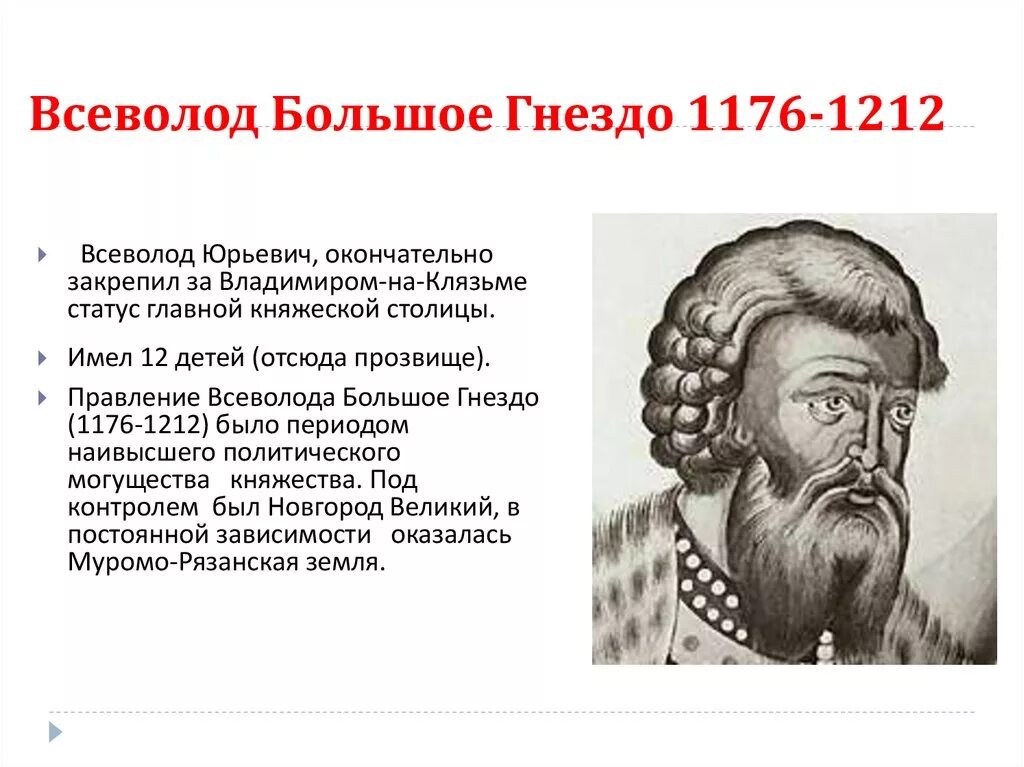 Сын князя большое гнездо. Правление Всеволода Юрьевича большое гнездо.