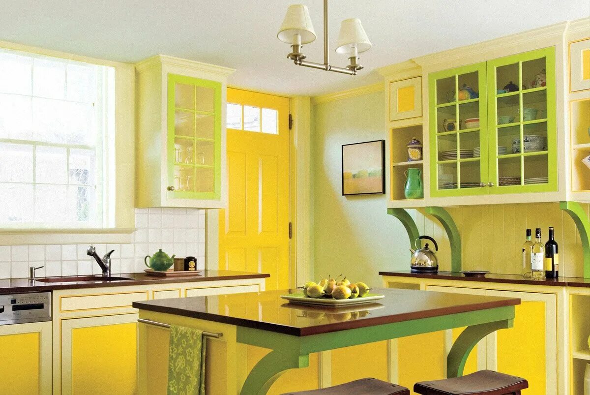 Желто зеленая кухня. Желтые стены на кухне. Интерьер кухни в желтых тонах. Лимонный цвет в интерьере кухни. Кухня в желтом цвете.