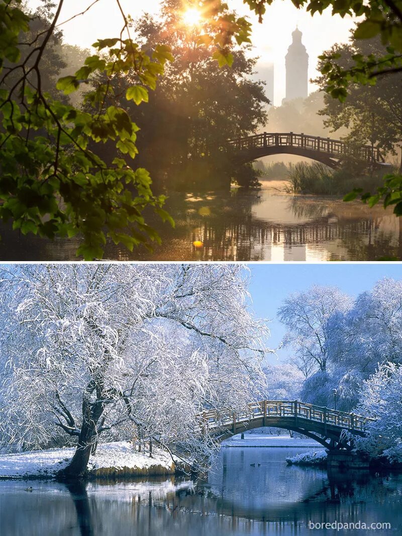 Прекрасный город и зима и лето. Пейзаж времена года. Пейзаж зимой и летом. Времена года фото. Красивый пейзаж в разные времена года.