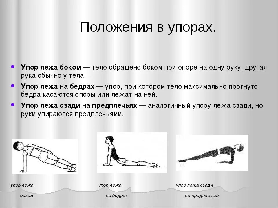 Подошел в упор. Положение упор лежа. упор лежа на предплечьях. упор лежа на бедрах.