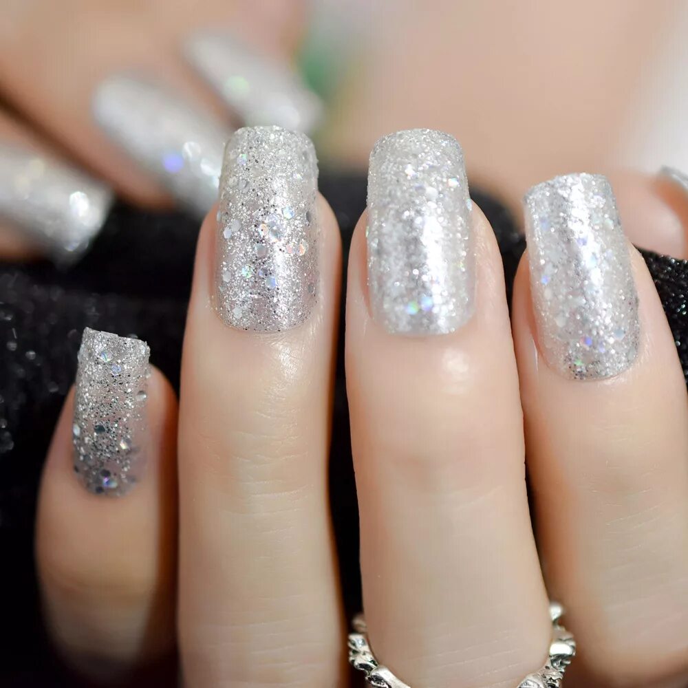 Holo Chameleon Glitter Press On Nail Silver Bling False Fake Nail 24pcs Full Cov