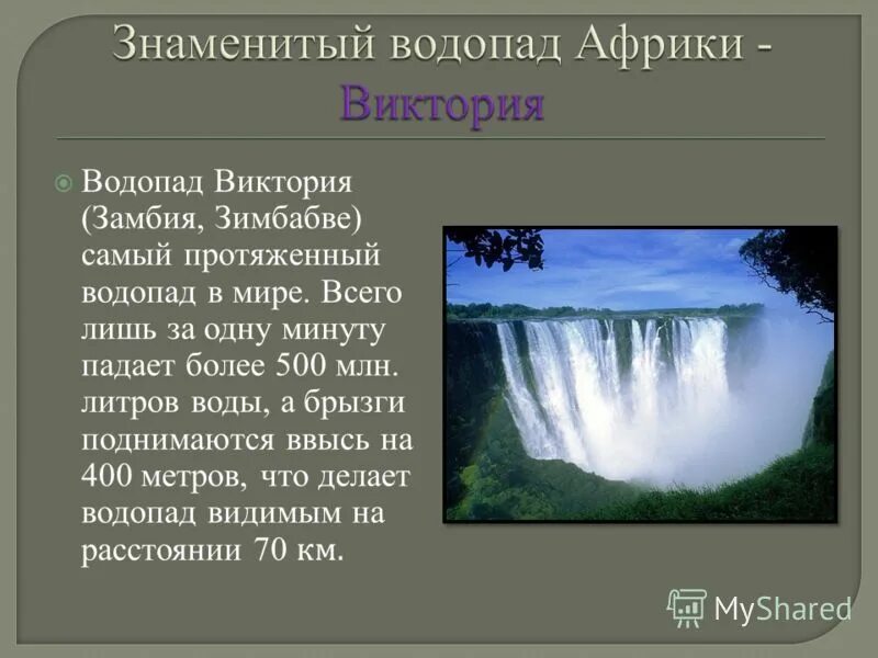 Самый широкий водопад в Африки. Сообщение о водопаде. Какие из перечисленных водопадов располагаются в северной