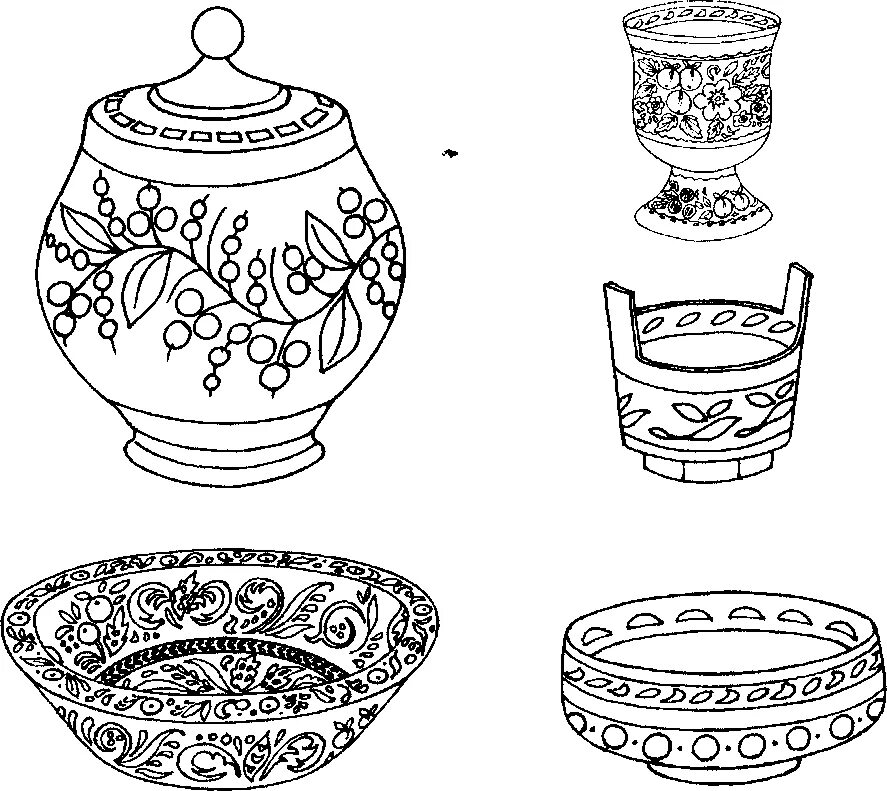 Узоры на посуде раскраска. Деревянная посуда. Рисунок деревянной посуды. Деревянные предметы рисунок. Традиционные предметы быта осетинского народа.