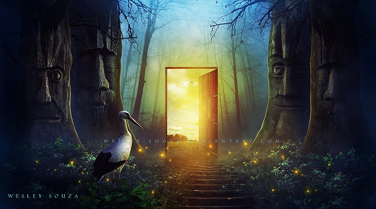 Неизведанность. Дверь в сказочный мир. Дверь в другую реальность. Дверь в сказку. Мистический фон.