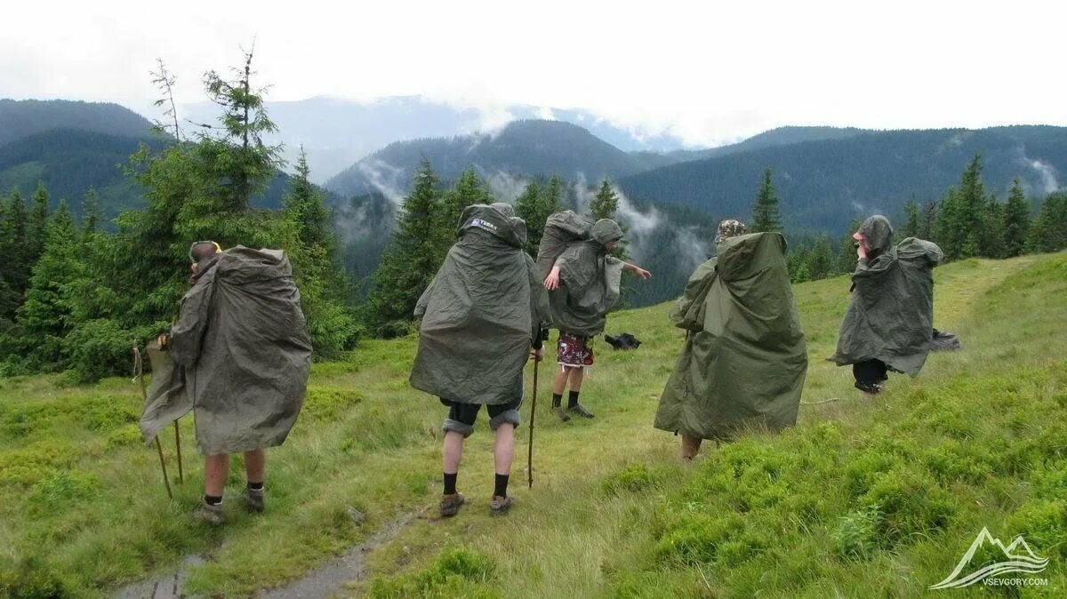 Укрыться от дождя. Ливень в походе. Поход в дождь. Туризм в лесу в дождь.