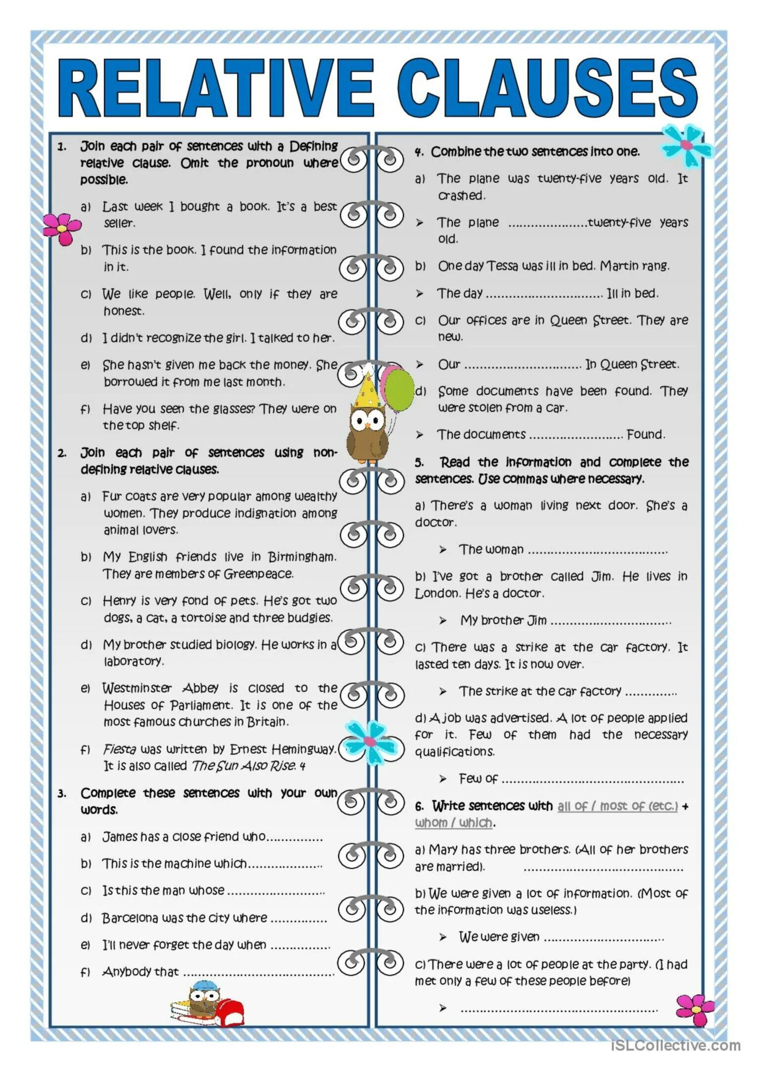 The sentences people. Relative Clauses в английском Worksheets. Грамматика relative Clauses. Defining relative Clauses Worksheets. Defining relative Clauses упражнения.
