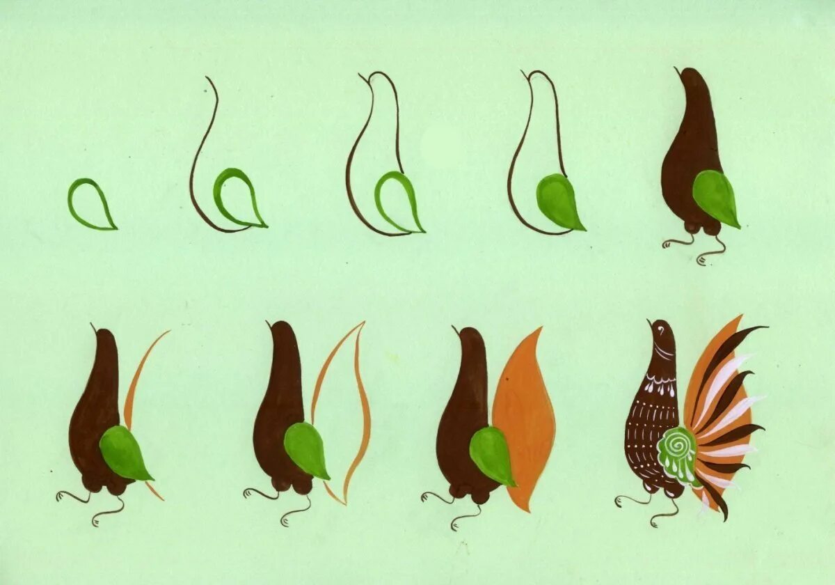Элемент Городецкой росписи "Городецкий фазан". Городецкий фазан поэтапное. Этапы росписи Городецкий фазан. Элементы Городецкой росписи фазан. Декоративное рисование с цветами и птицами подготовительная